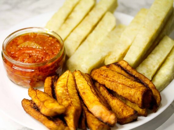 Fried Yam, Fried Plantain With Sauce