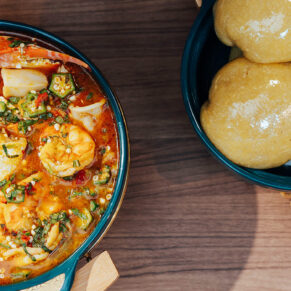 Seafood okro soup served with any swallow of your choice.